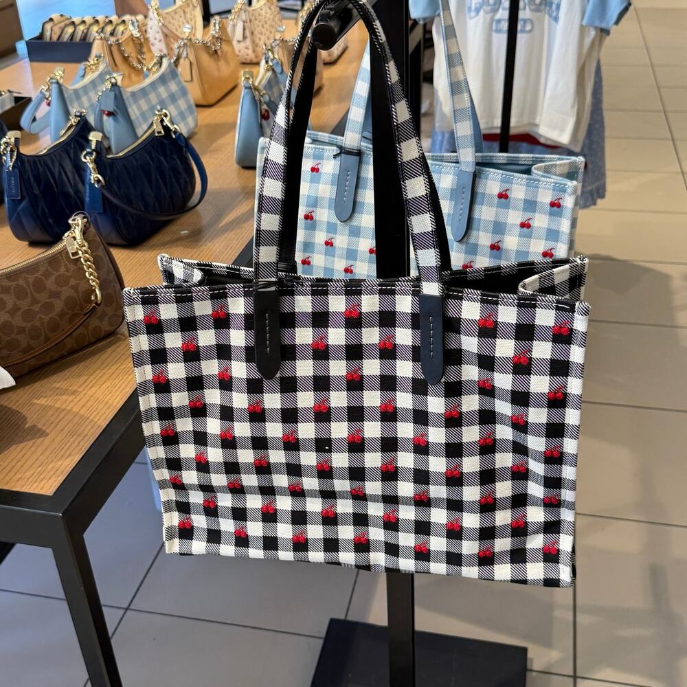 Coach Tote Bag With Gingham Print CES71 Gold/Black Multi - Picture 5 of 6